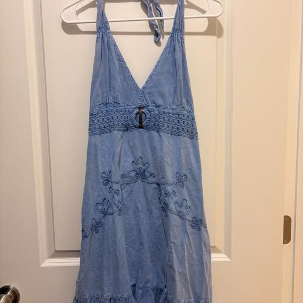Blue Chambray Halter Sundress with Crochet Waist